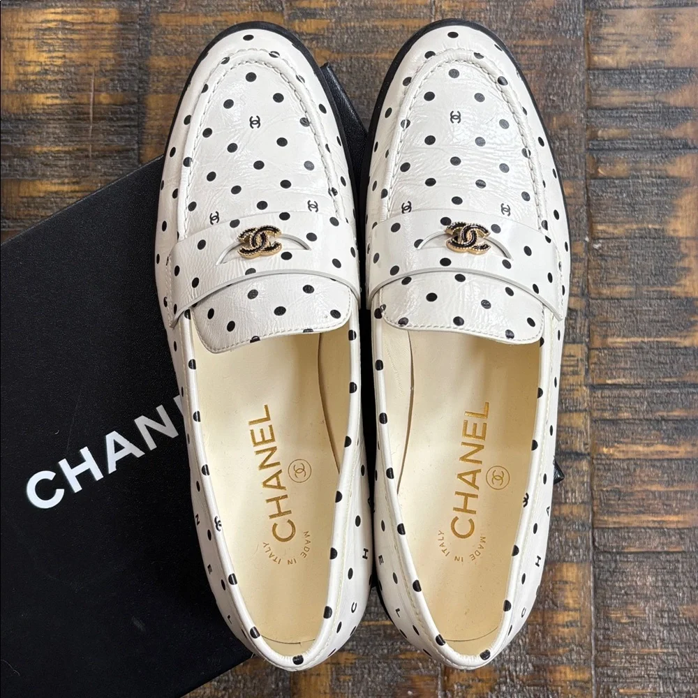 Chanel ICONIC White Polka Dot Women’s Loafers - Picture 1 of 6